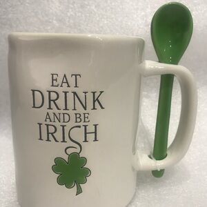 White Mug with Green Spoon - Eat Drink and Be Irish brand new